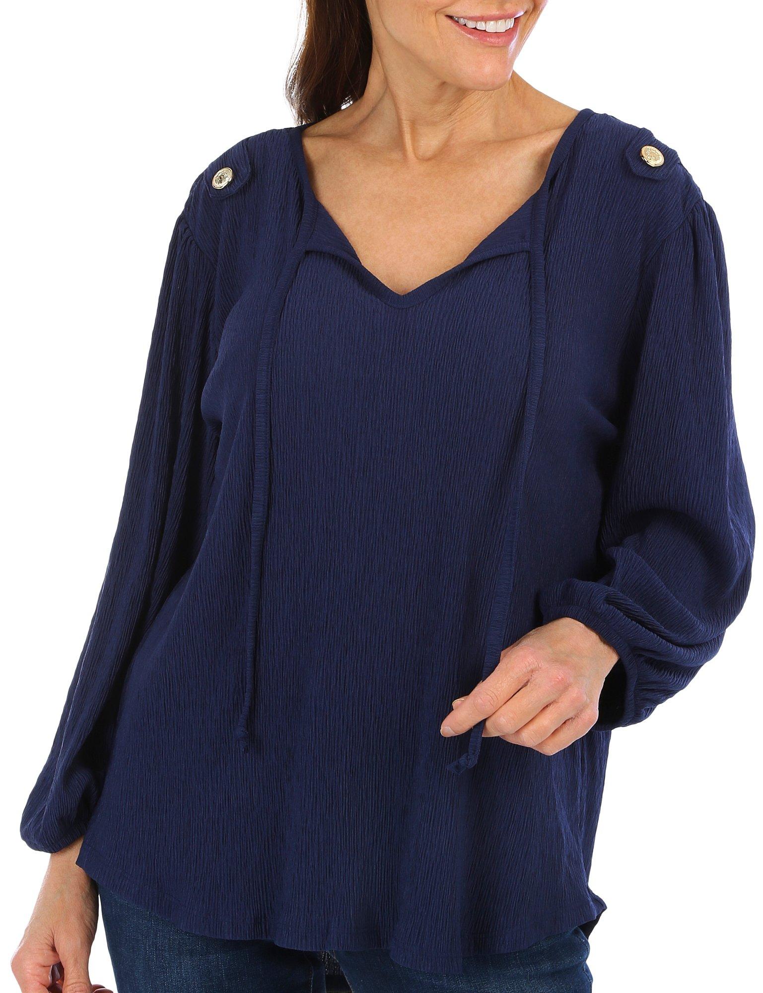 Womens Solid V Neck Button Long Sleeve Top