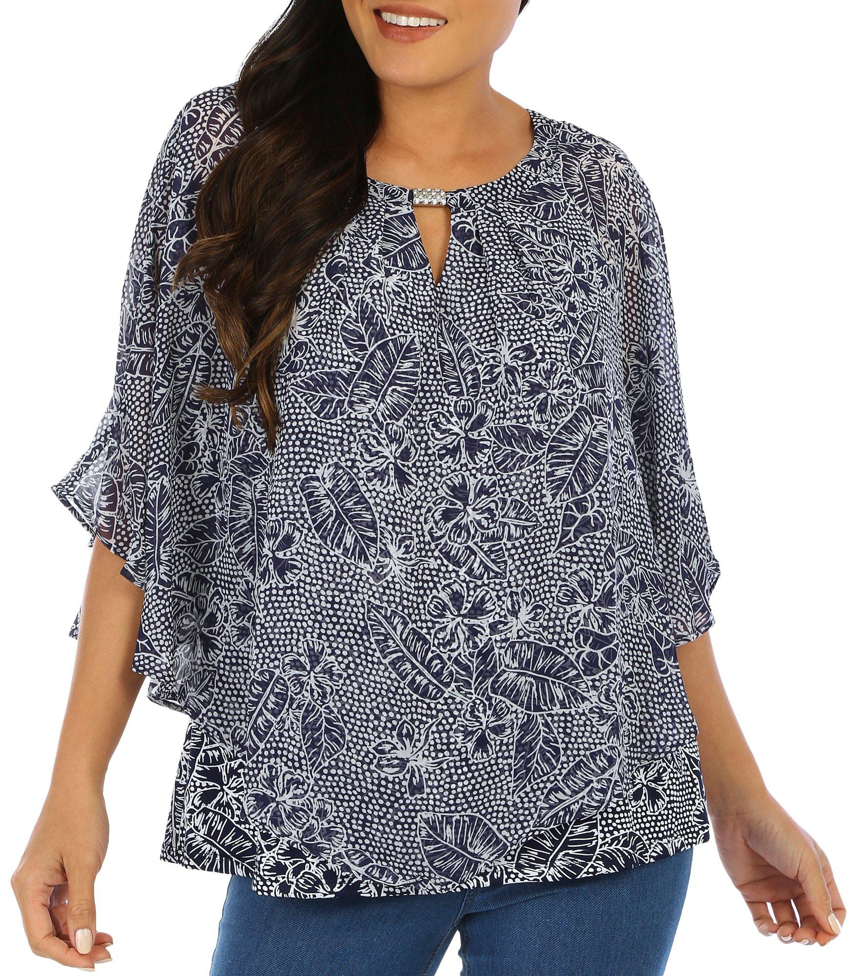 Juniper + Lime Womens Mixed Print Embellished Poncho Top