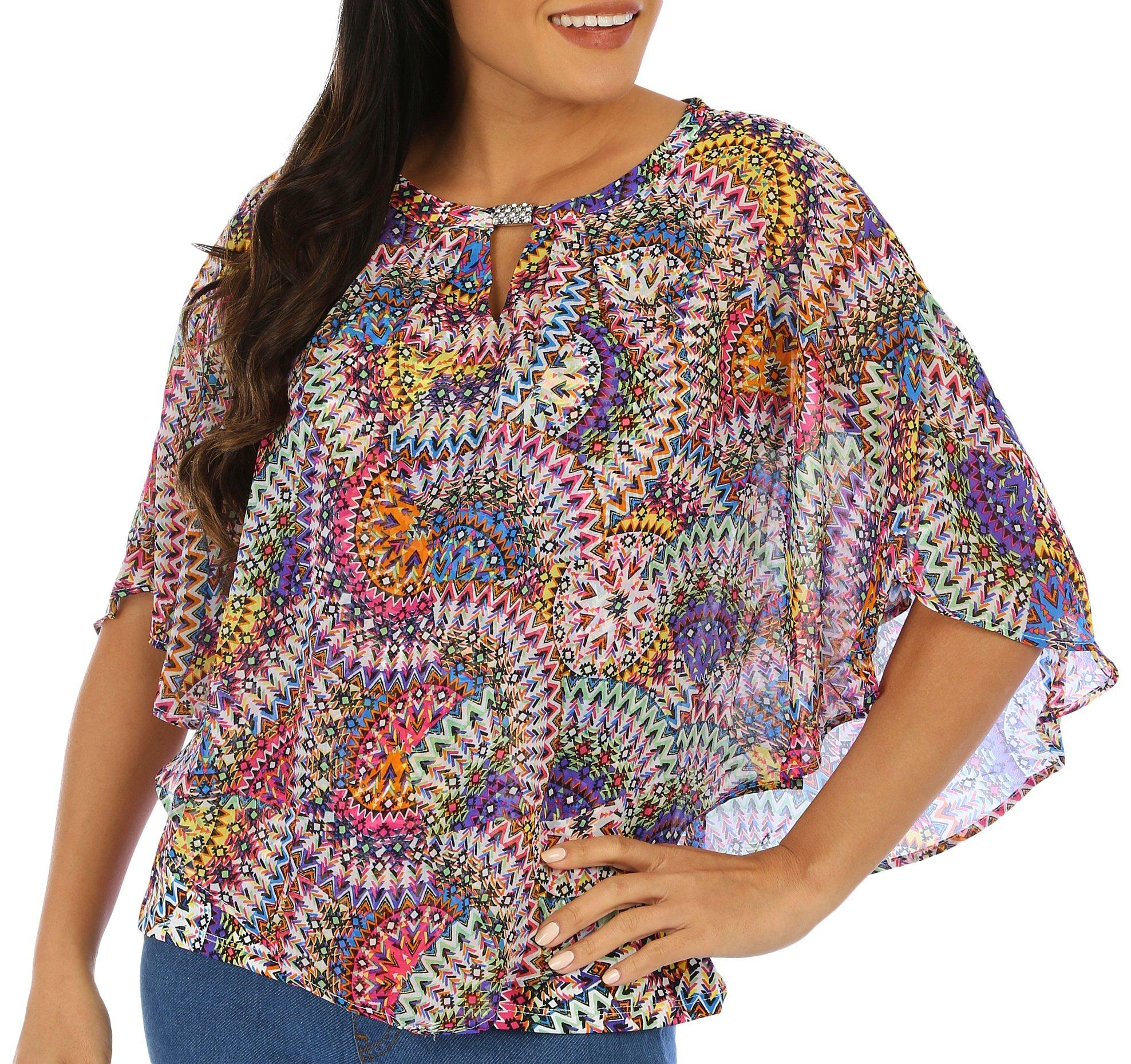 Juniper + Lime Womens Abstract Print Embellished Poncho Top