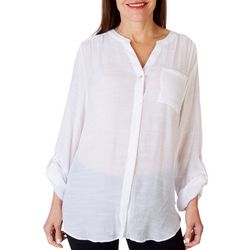 Womens Solid Button Down 3/4 Sleeve Top