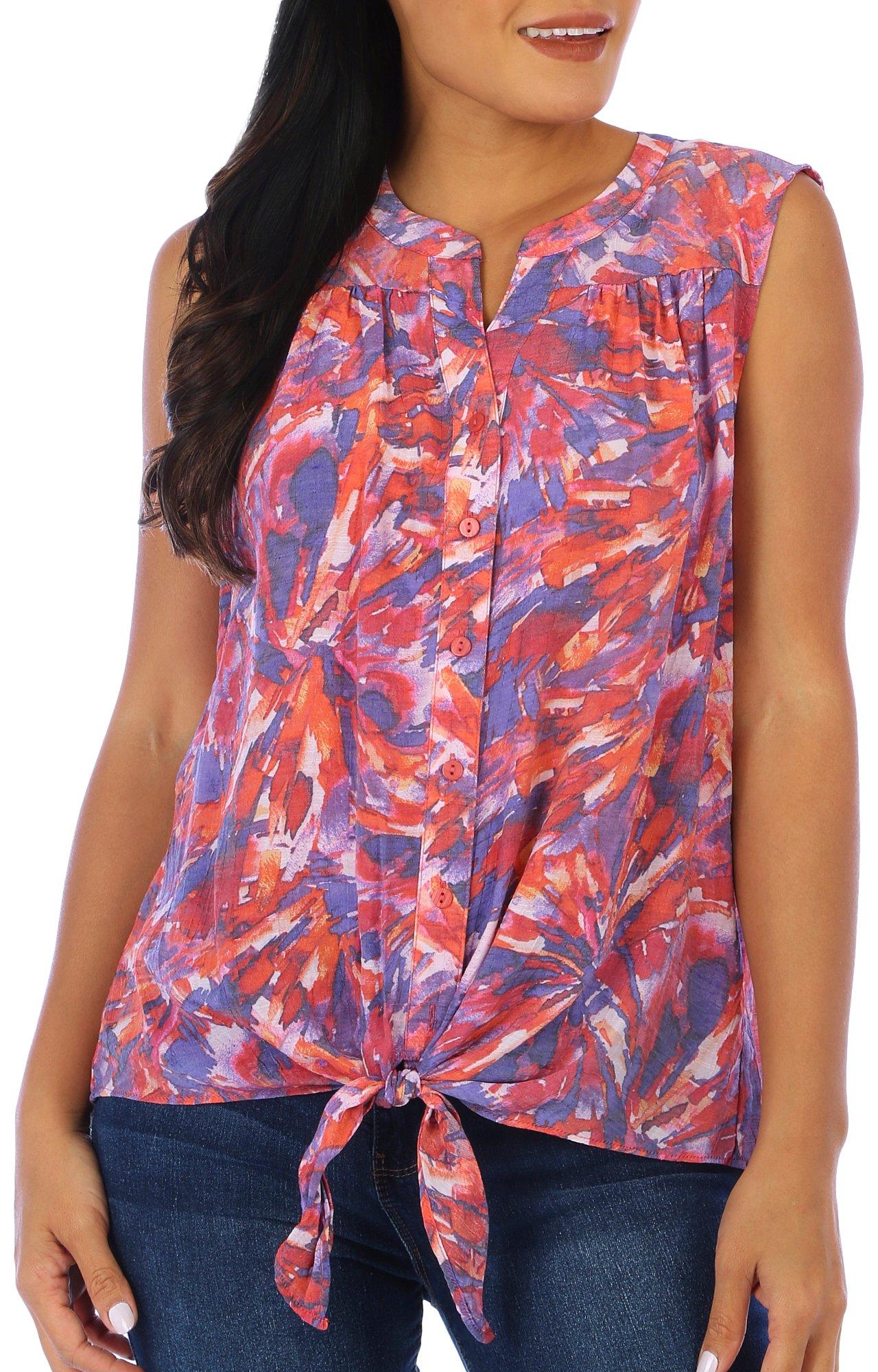 Womens Print Tie-Front Sleeveless Top