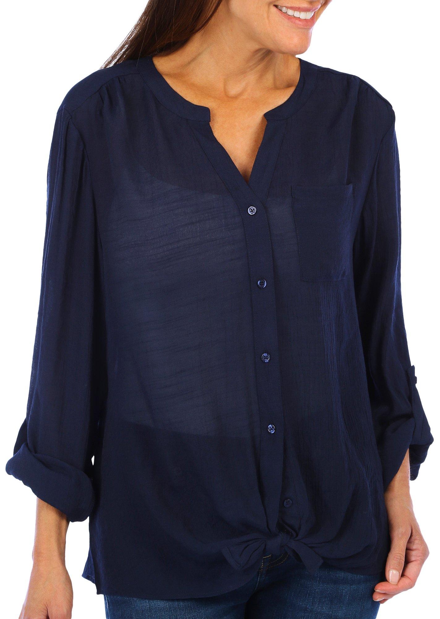 Womens 3/4 Solid Button Down Tie Front Top