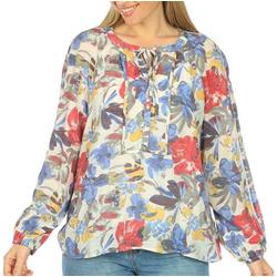 Womens Floral Tie Keyhole Long Sleeve Top