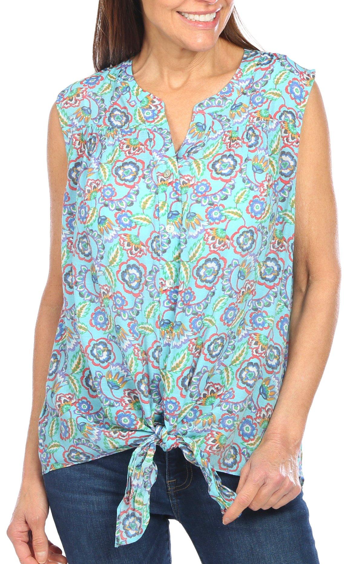 Womens Floral Tie Front Sleeveless Top