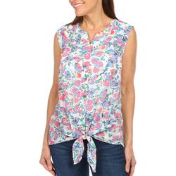 Womens Spring Floral Tie Front Sleeveless Top