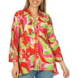 Sunny Leigh Womens Print Button Down Crinkle 3/4 Sleeve Top