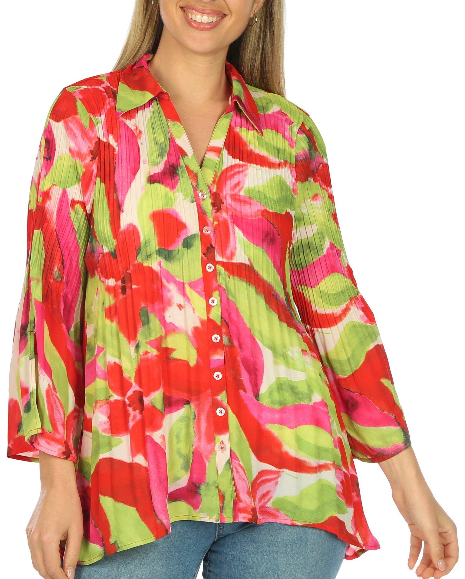 Womens Print Button Down Crinkle 3/4 Sleeve Top