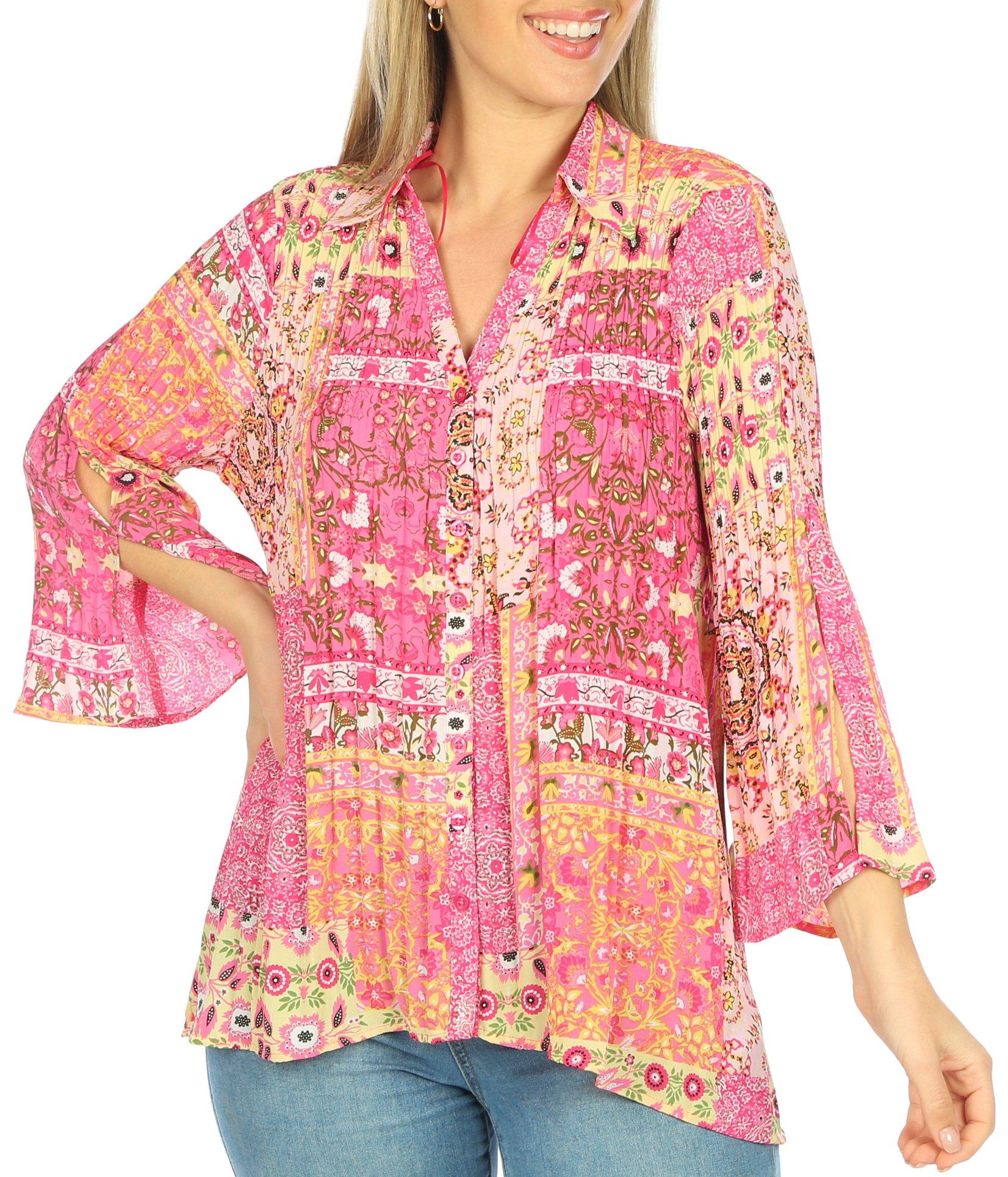 Sunny Leigh Womens Button Down Print Crinkle 3/4 Sleeve Top