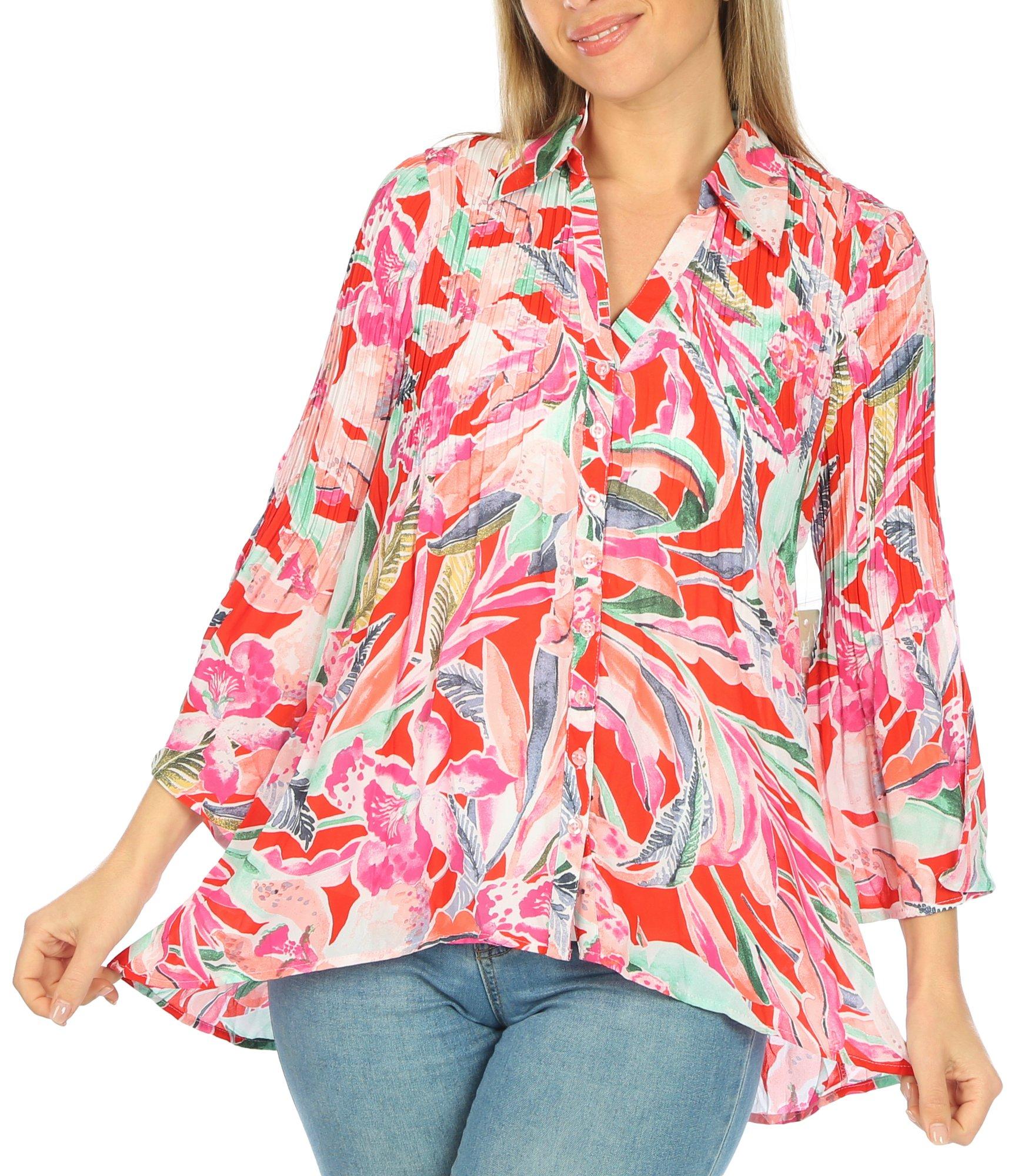 Womens Button Down Print Crinkle 3/4 Sleeve Top