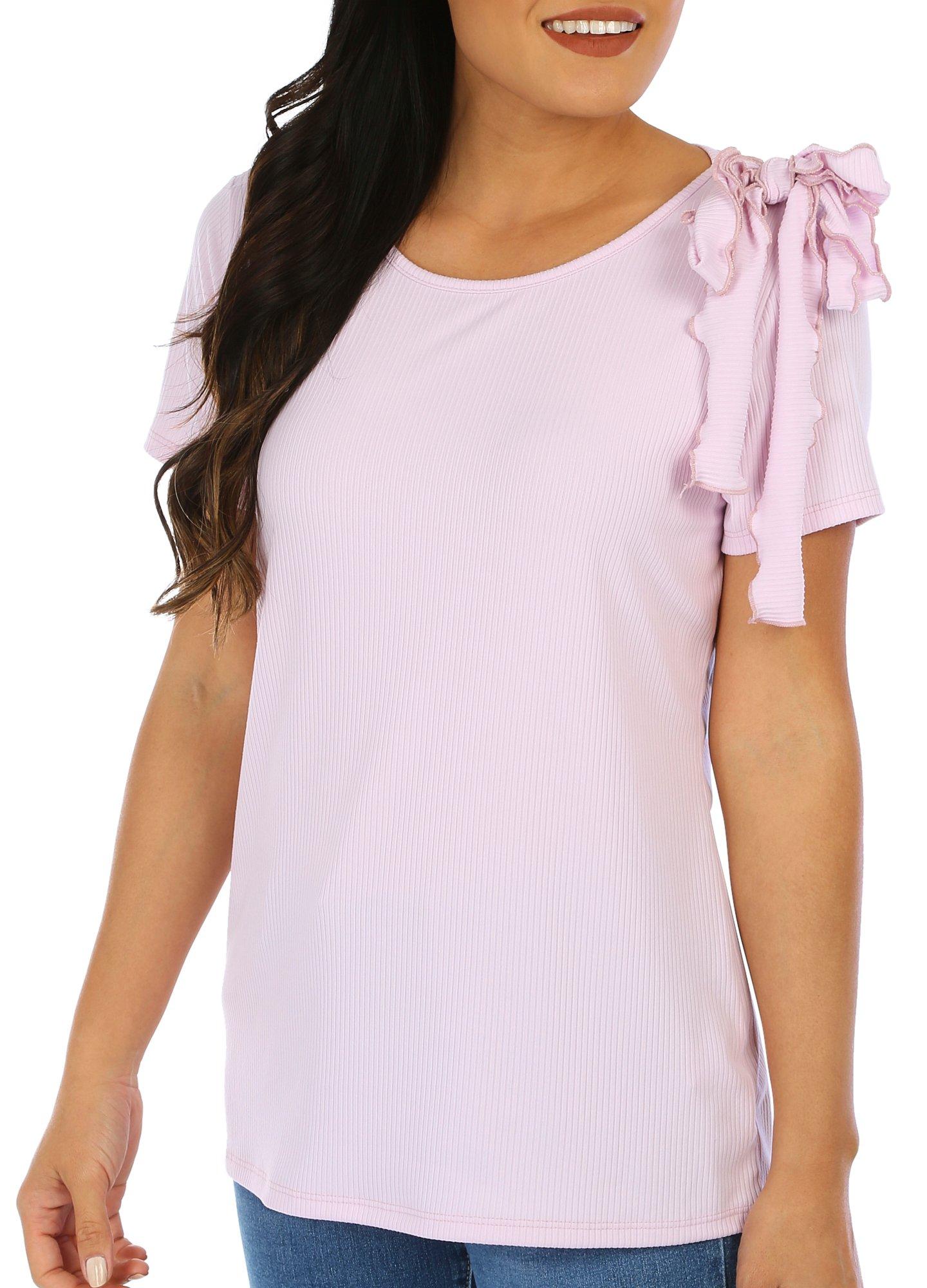 Solid Ribbed Ruffle Tie Short Sleeve Top