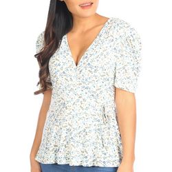 Blue Sol Womens Floral Wrap Puff Sleeve Top