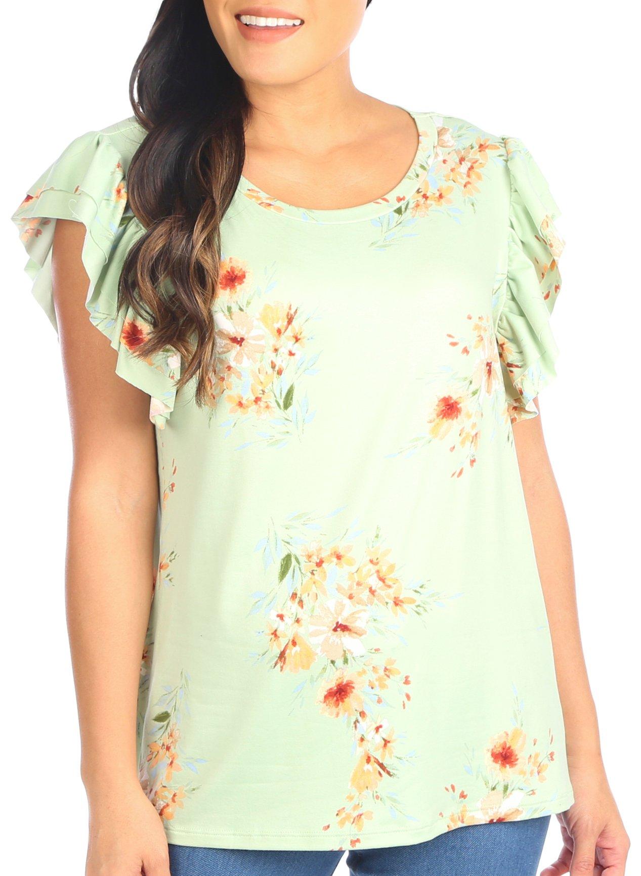 Blue Sol Womens Double Ruffle Floral Short Sleeve Top