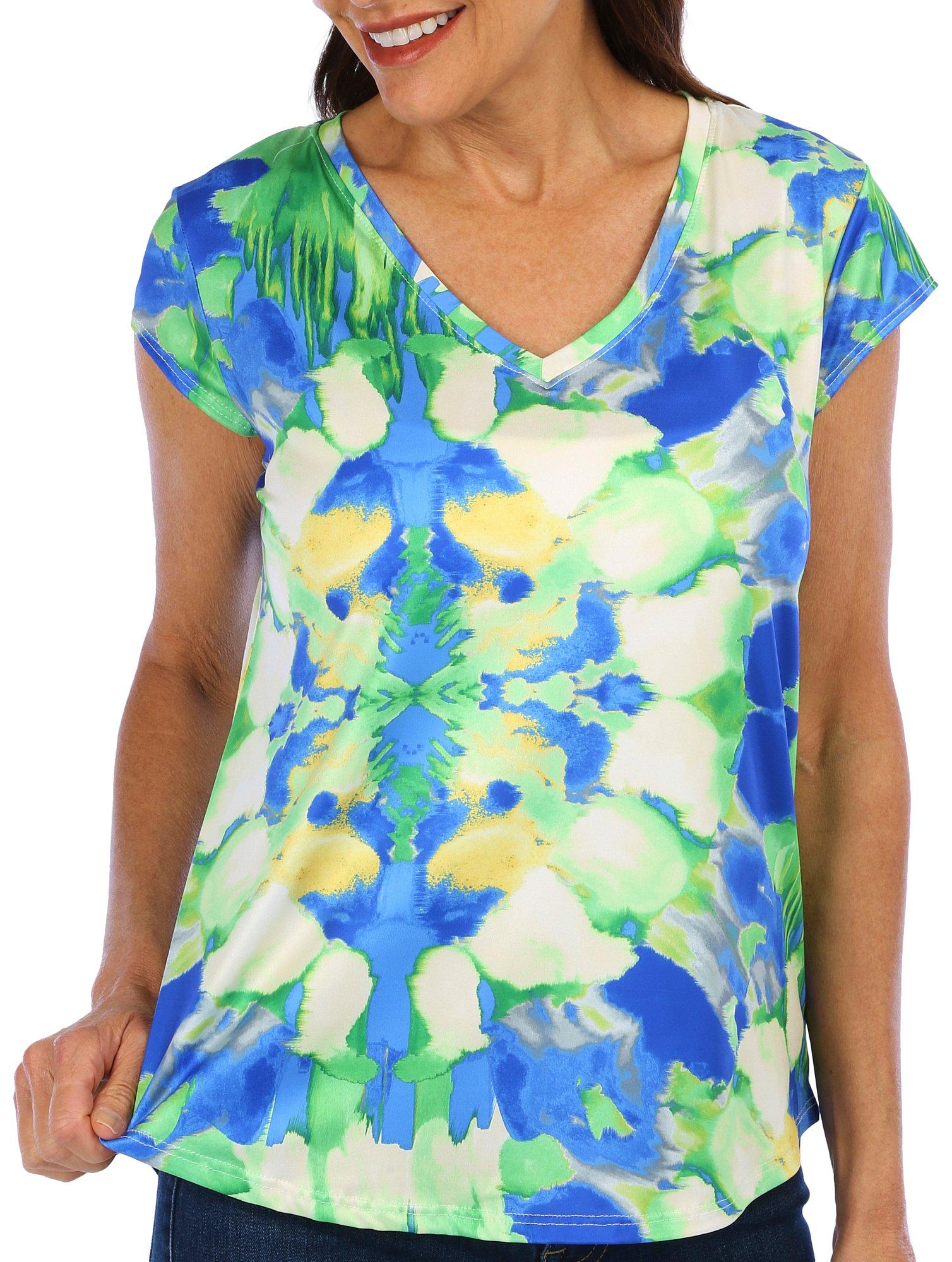 Blue Sol Womens Painted Floral V-Neck Short Sleeve Top