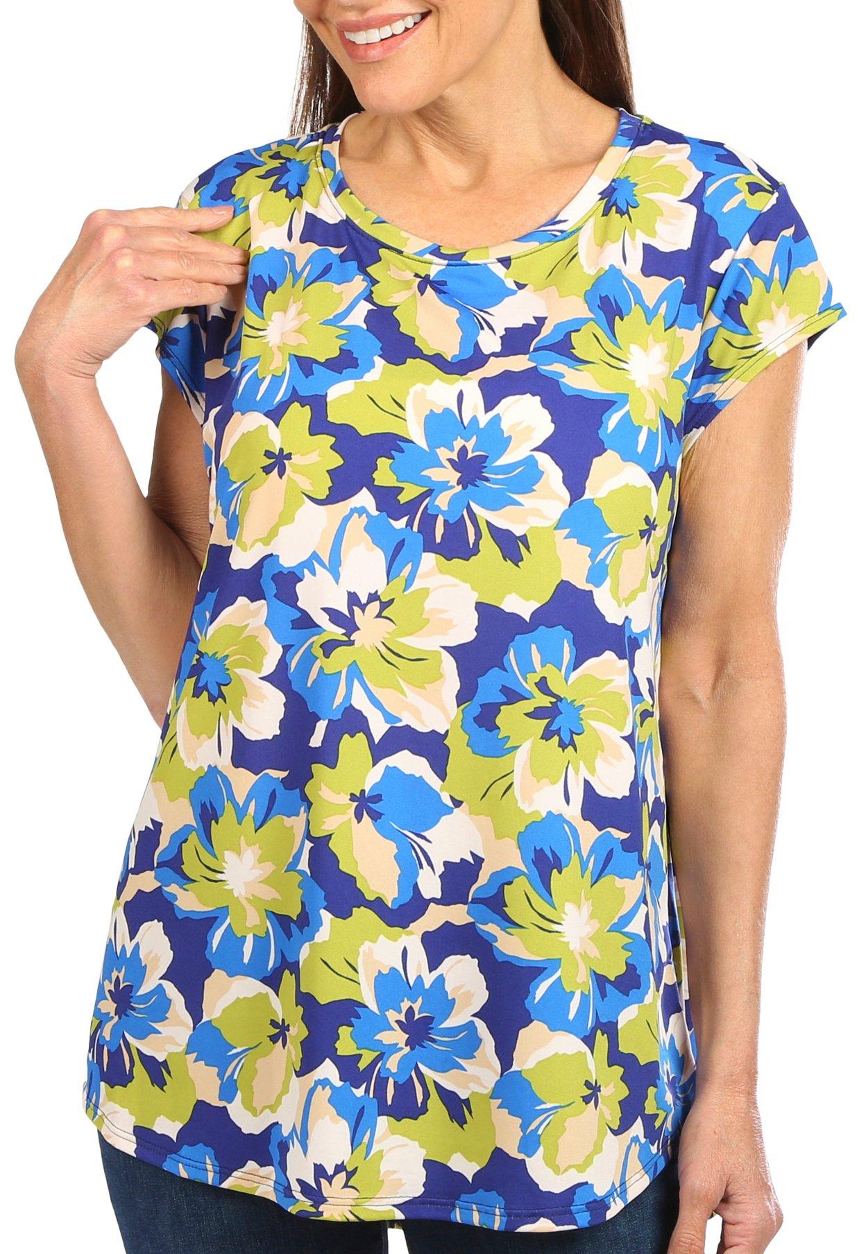 Womens Tropical Floral Print Cap Sleeve Top