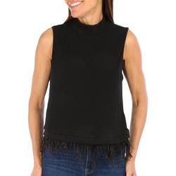 Womens Solid Feather Trim Sleeveless Top