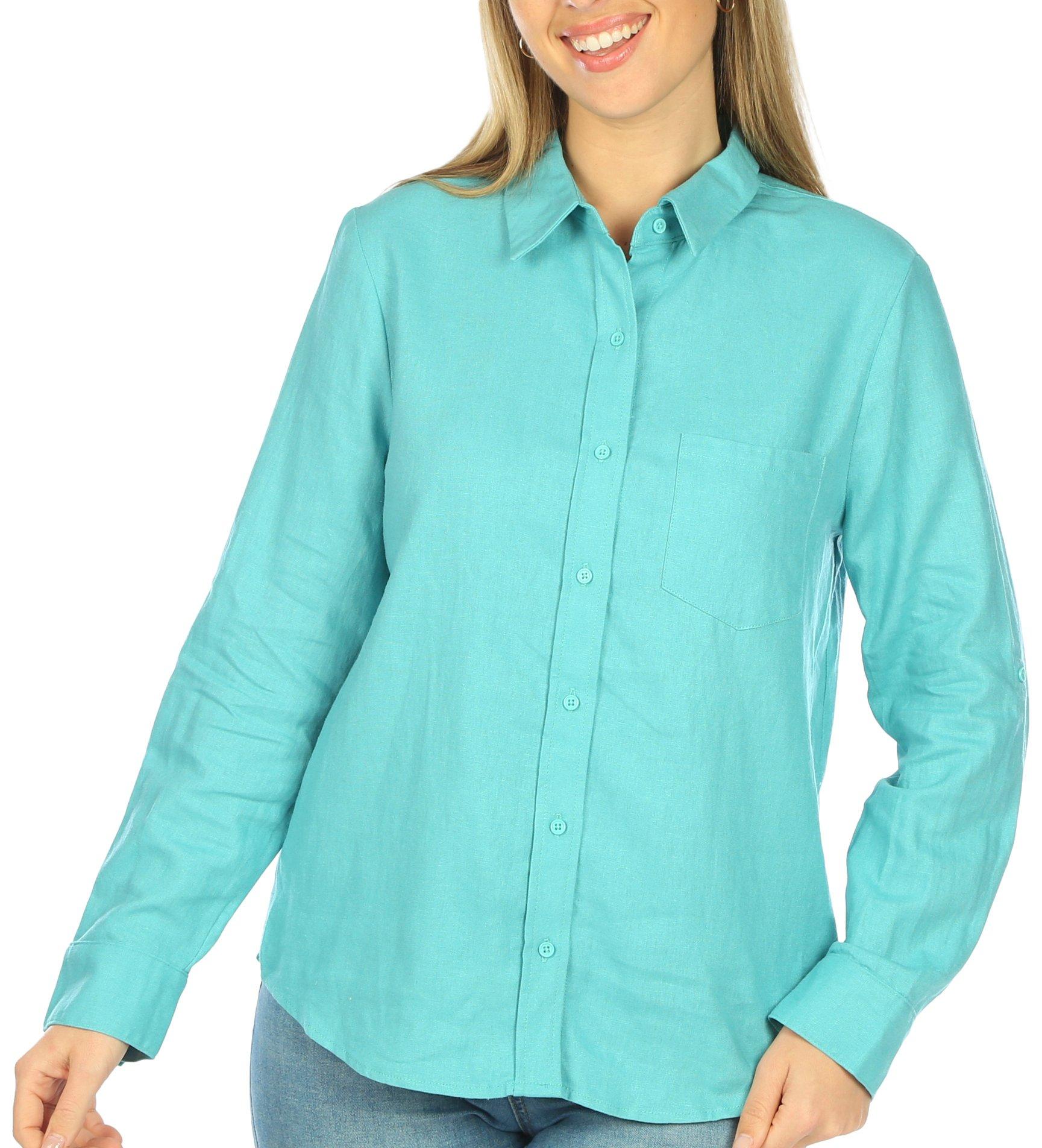 Blue Sol Womens Solid Button-Down 3/4 Roll-Sleeve Top