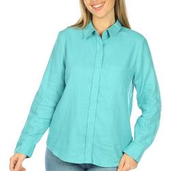 Womens Solid Button-Down 3/4 Roll-Sleeve Top