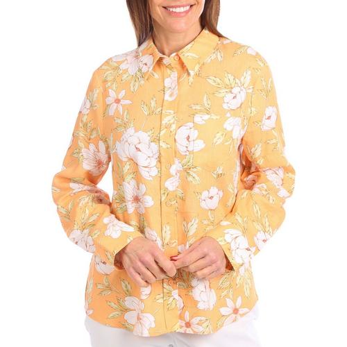 Blue Sol Womens Floral Button-Down 3/4 Roll-Sleeve Top