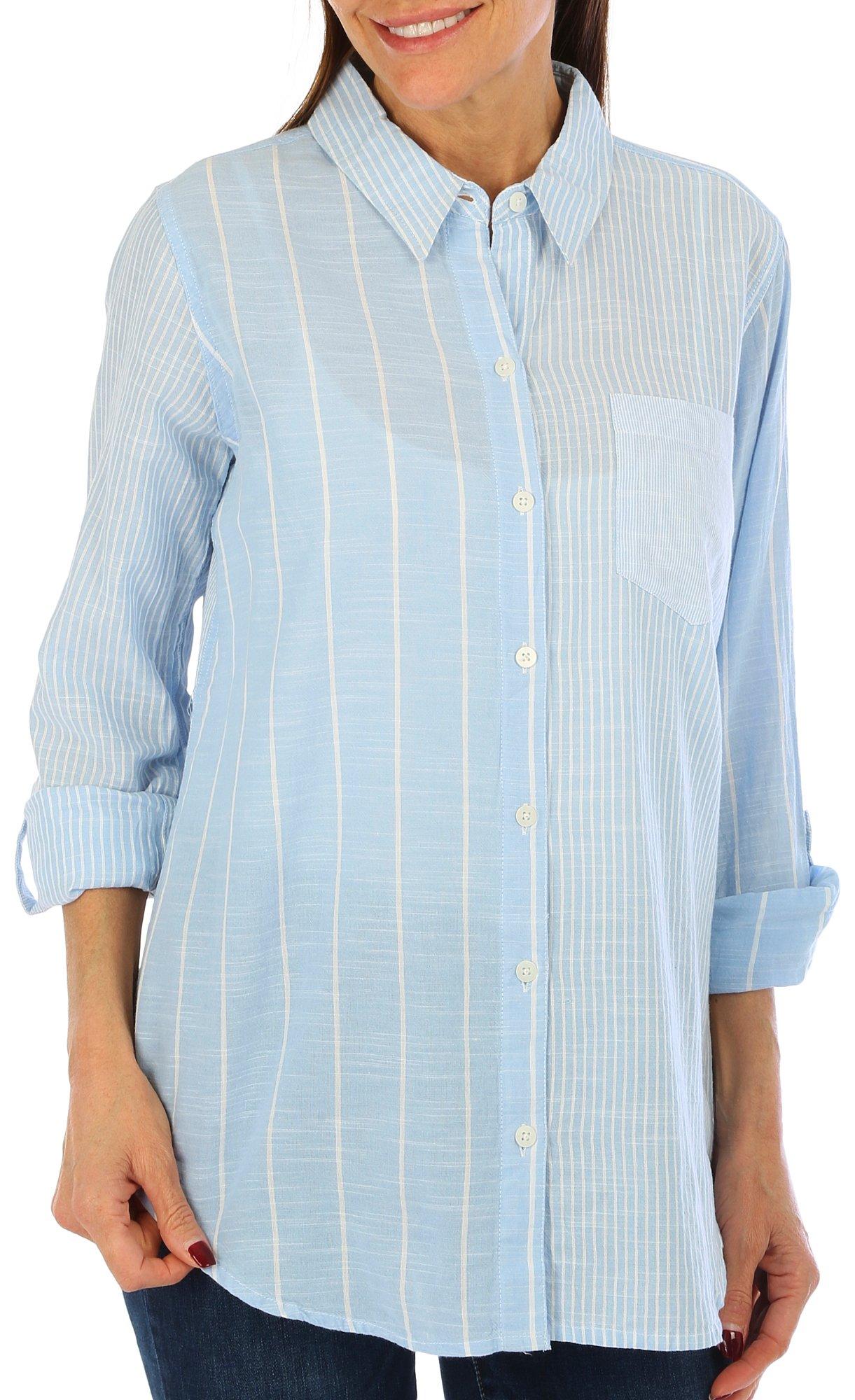 Blue Sol Womens Long Sleeve Mixed Stripe Button Down Top