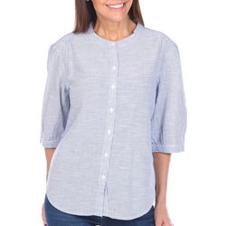 Womens Blue Sol Stripe Bloon Sleeve Button-Up Top