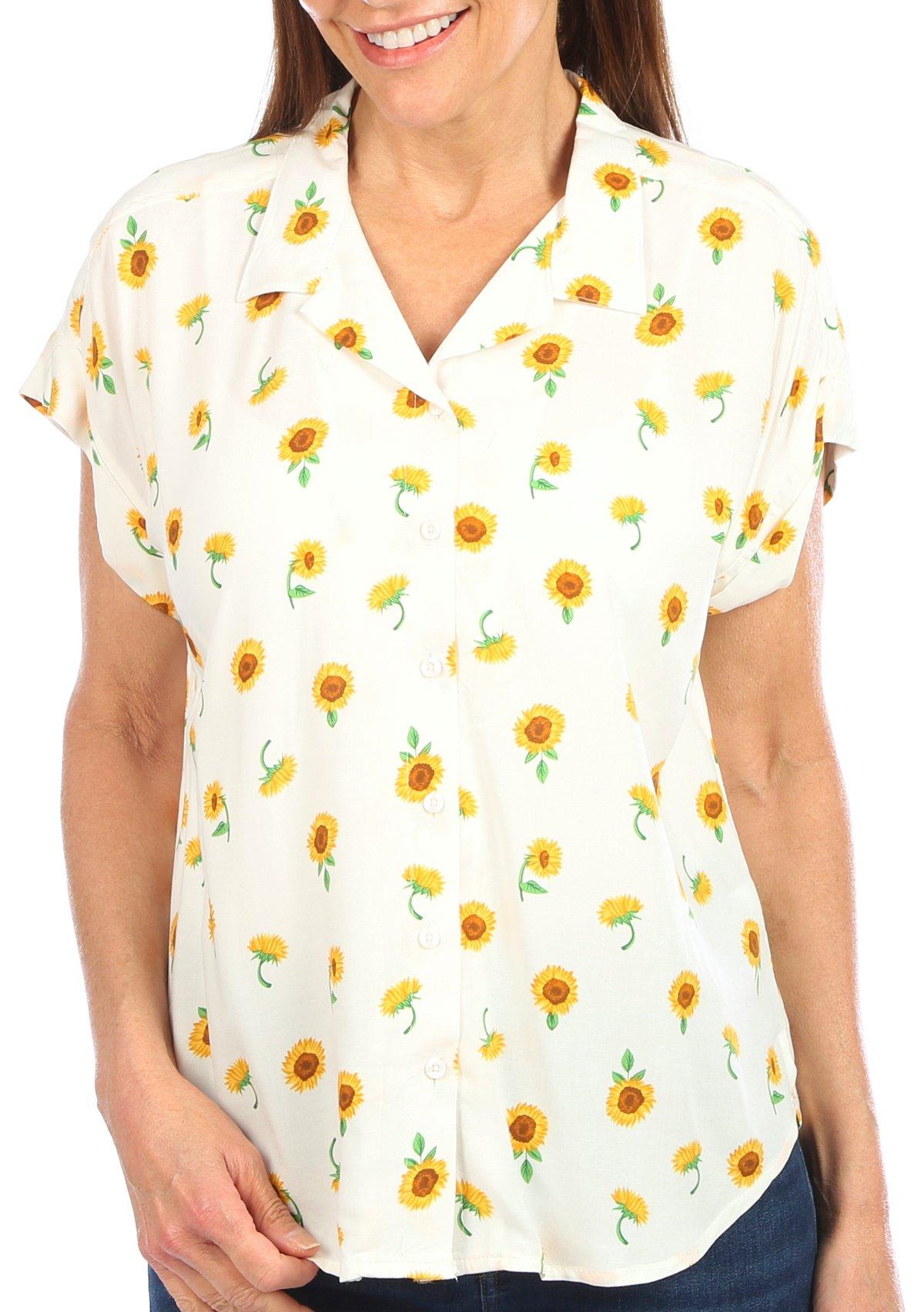 Blue Sol Womens Button Down Sunflower Short Sleeve Top