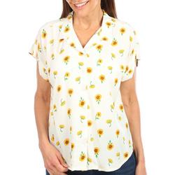 Womens Button Down Sunflower Short Sleeve Top