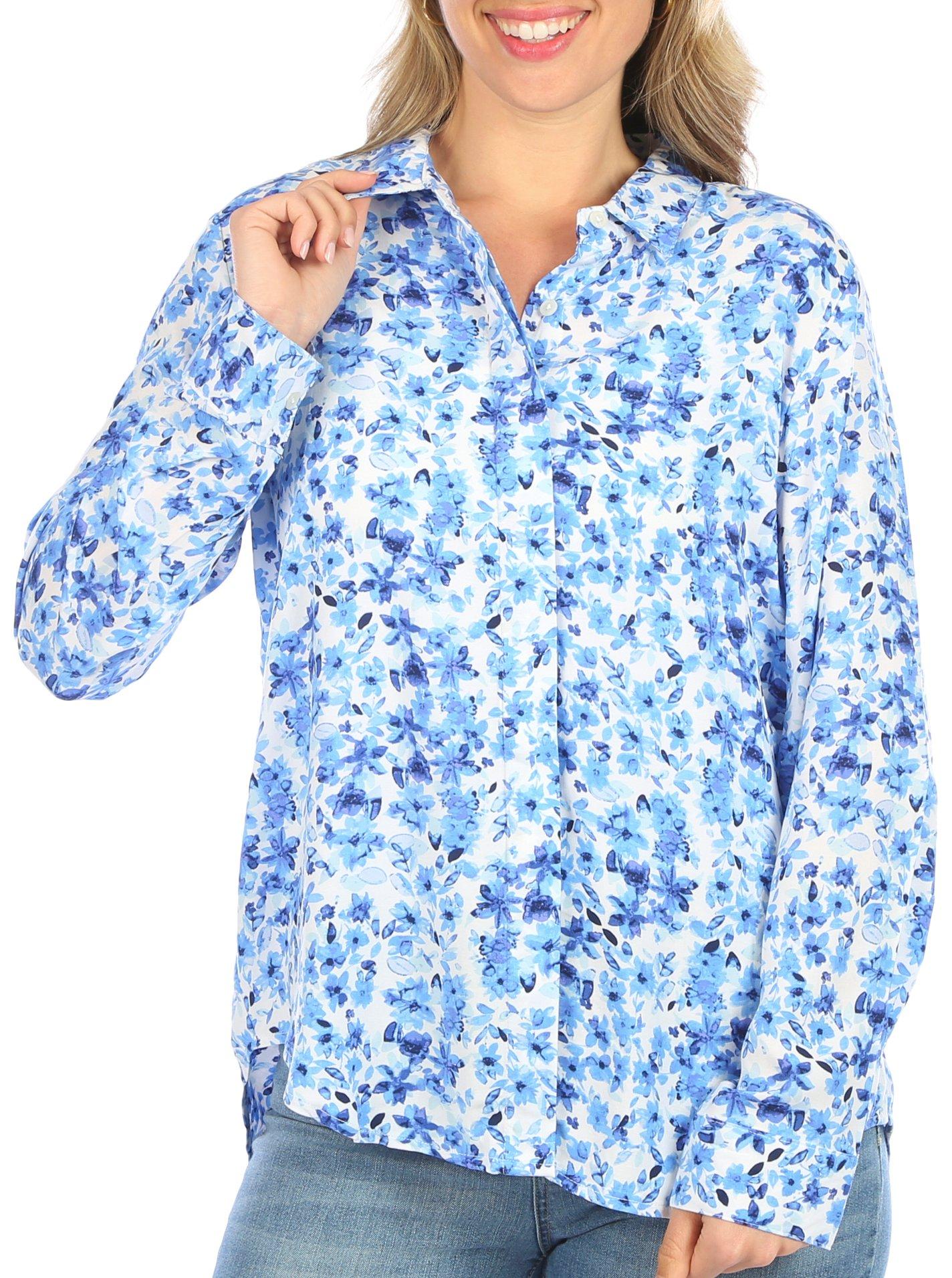 Blue Sol Womens Long Sleeve Floral Print Button