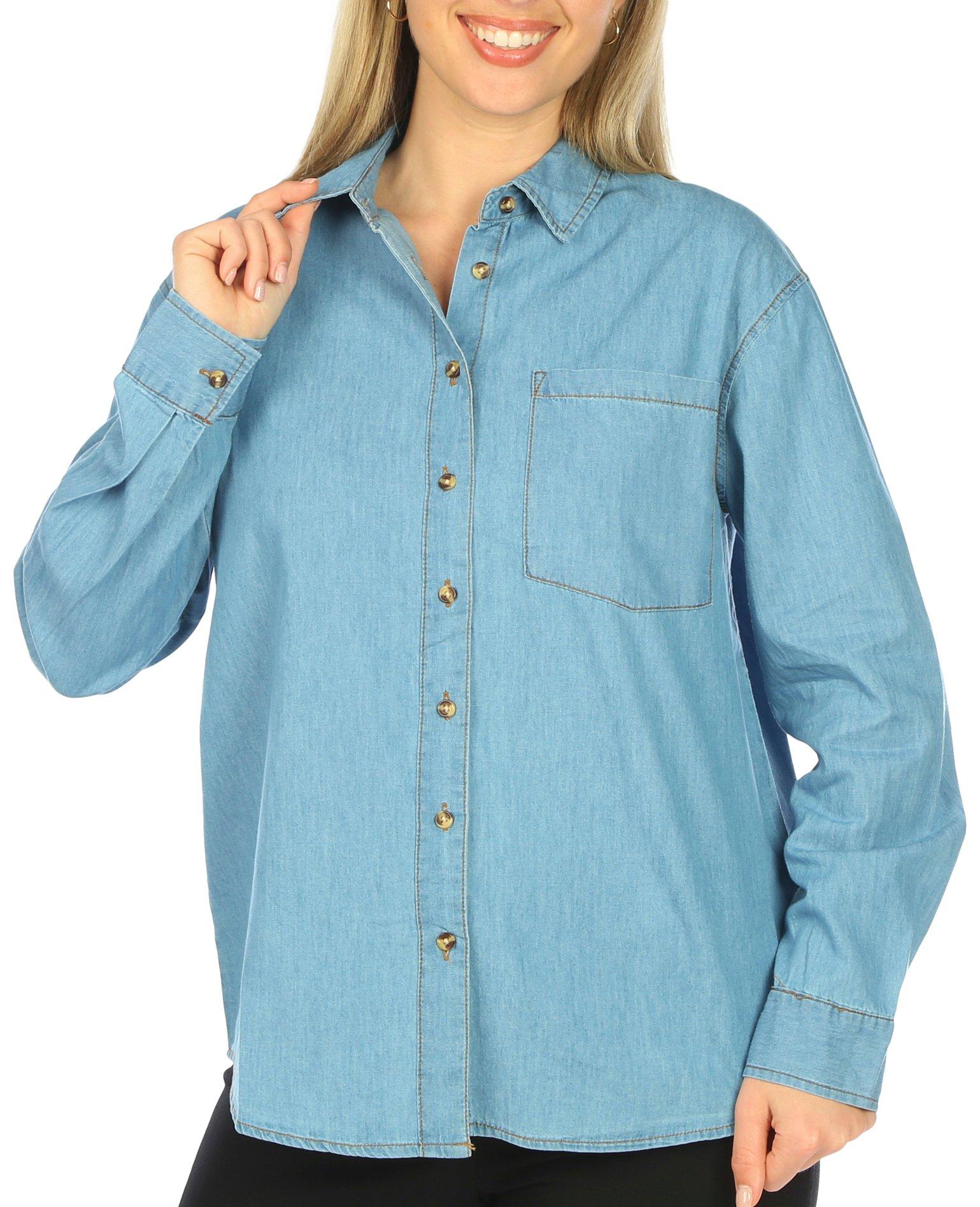 Womens Solid Button Down Long Sleeve