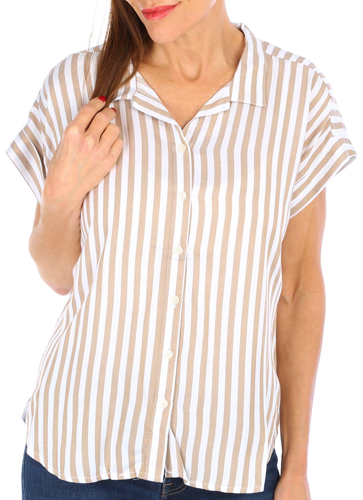 Womens Striped Button Down Short Sleeve Top