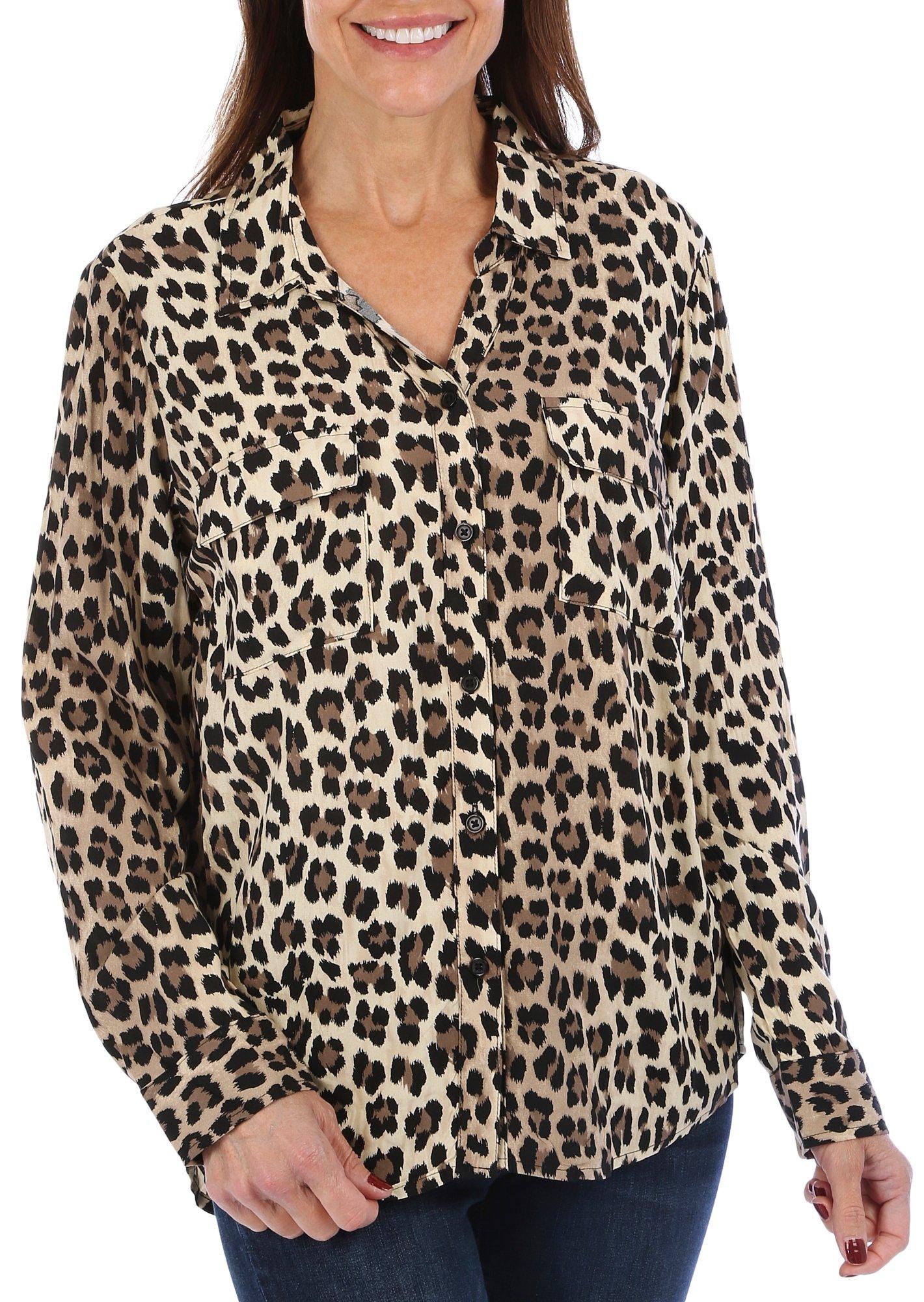 Womens Long Sleeve Leopard Print Button Down Top