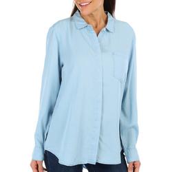 Womens Solid Button Down  Long Sleeve Woven Top