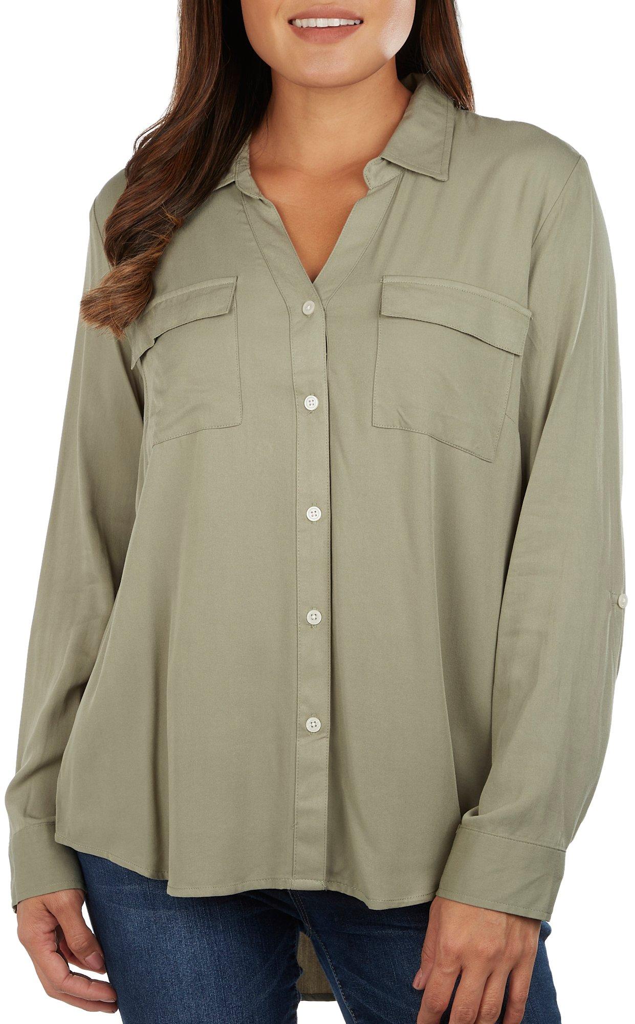 Womens Solid Button Down Pocket Long Sleeve
