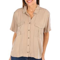 Womens Solid Button Down Short Sleeve Shirt