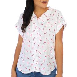 Womens Button Down Flamingo Short Sleeve Top