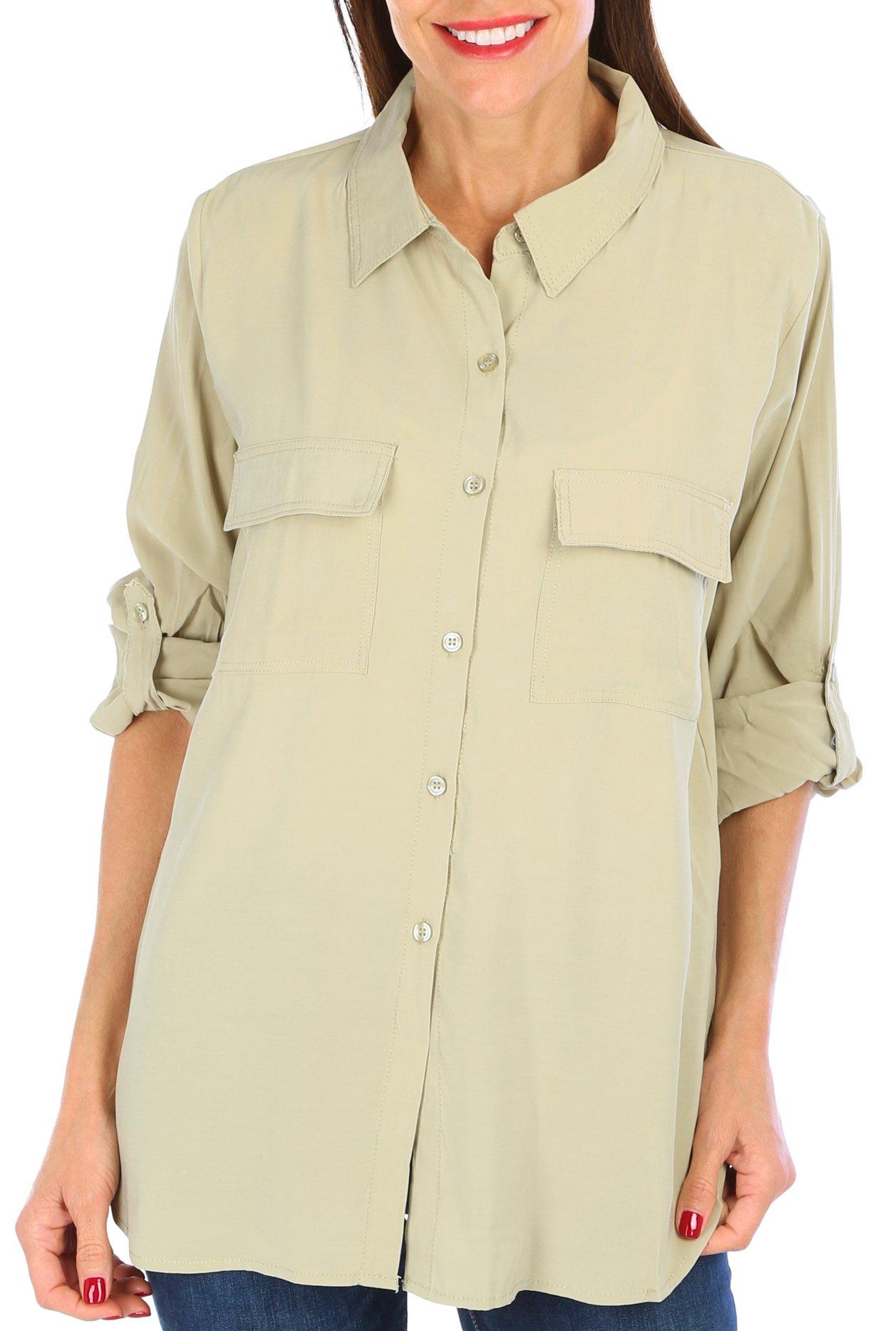 Max Studio Womens Solid Button Down 3/4 Sleeve Top