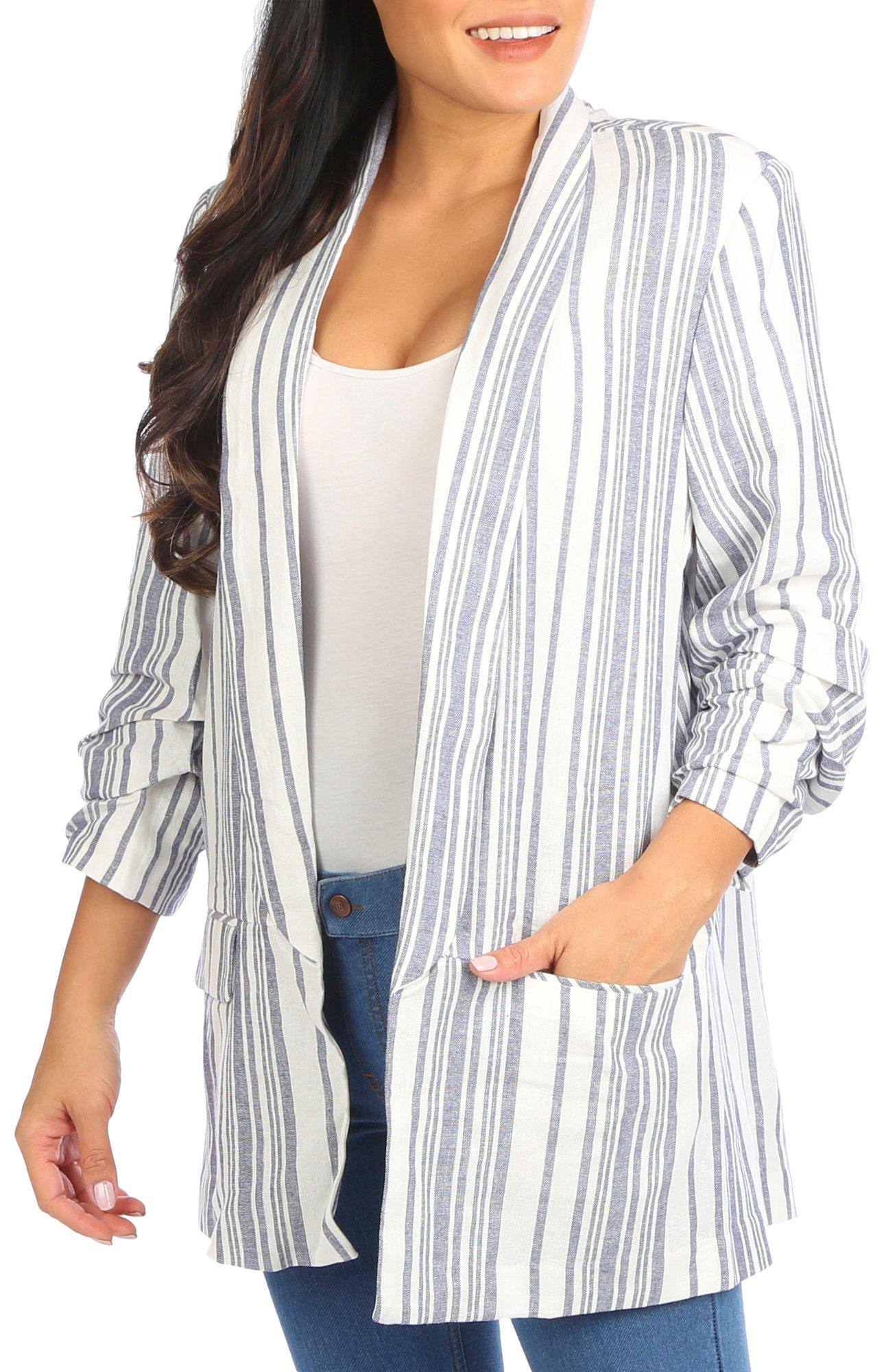 Blue Sol Womens 3/4 Ruched Sleeve Stripes Crepe