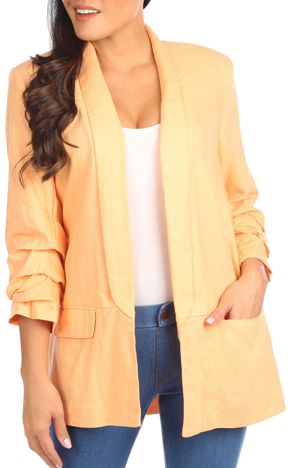 Womens 3/4 Ruched Sleeve Solid Crepe Blazer