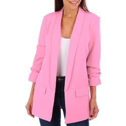 Blue Sol Womens Solid 3/4 Ruched Sleeve Crepe Blazer