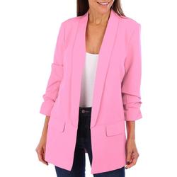 Womens Solid 3/4 Ruched Sleeve Crepe Blazer
