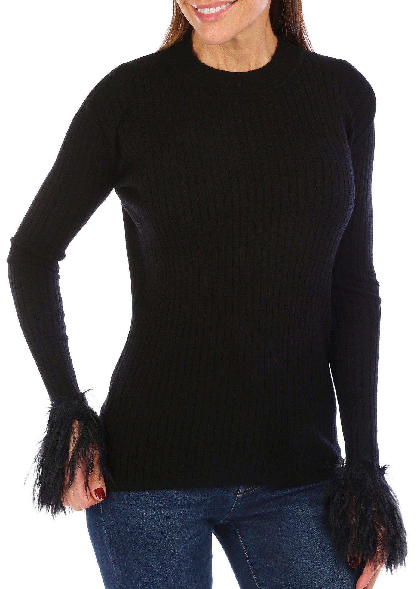Womens Ribbed Cut-Out Long Sleeve Feather Cuff Top