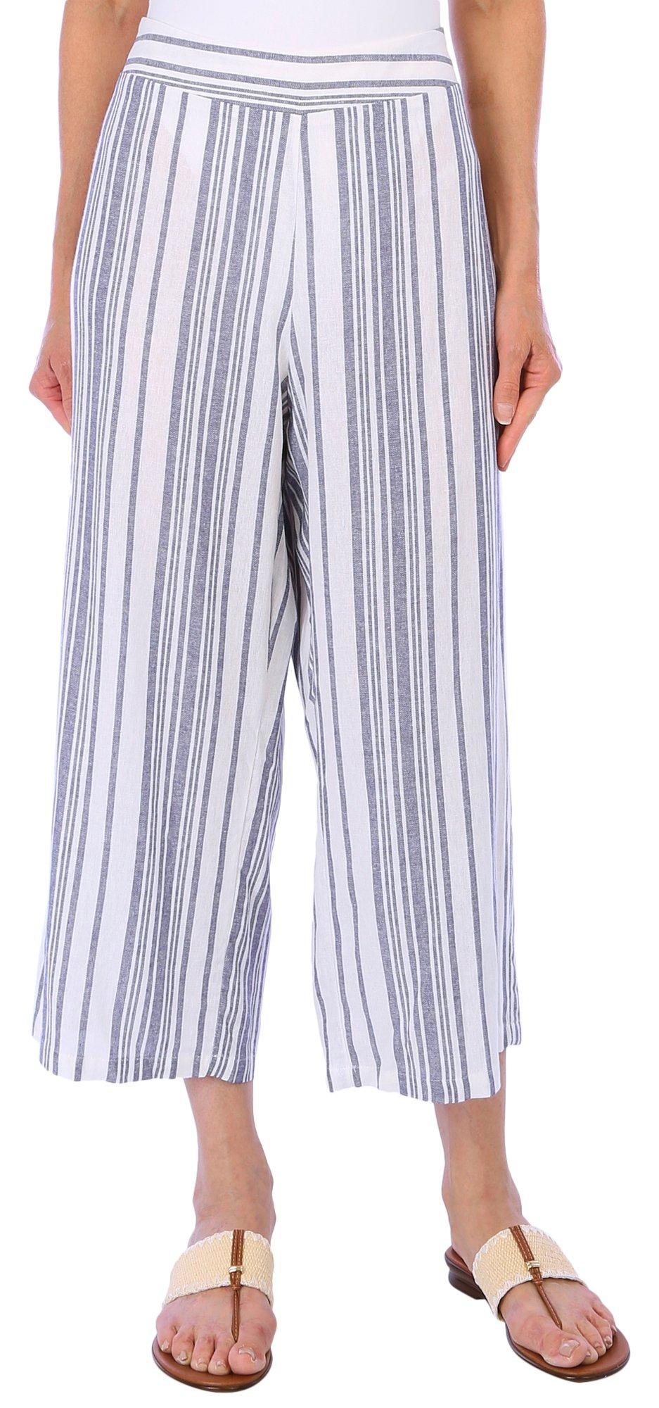 Womens Stripe Print Linen Crop Length Pants