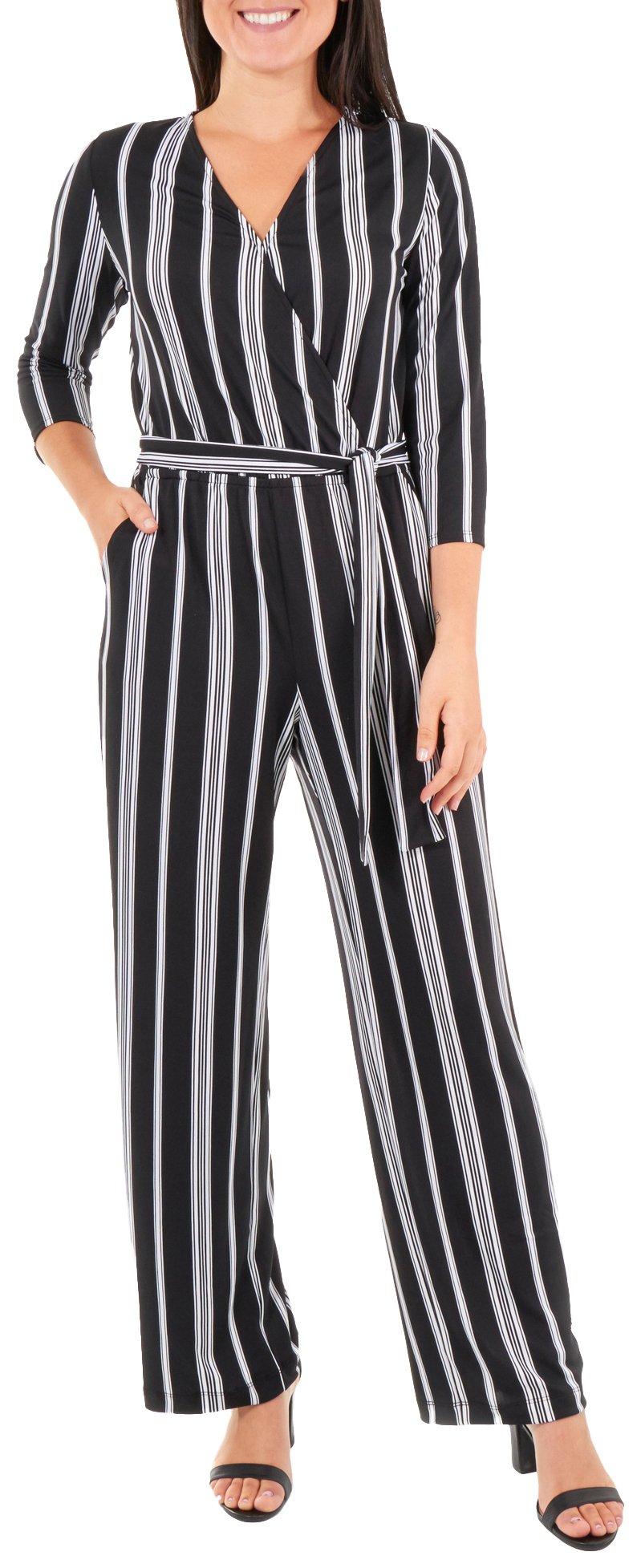 NY Collection Womens Stripe Faux Wrap Jumpsuit