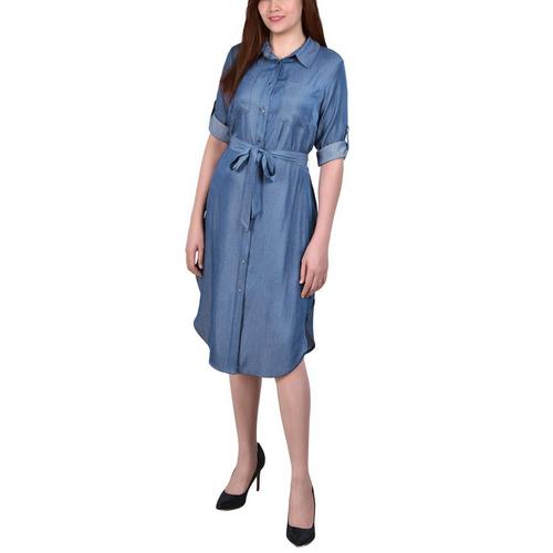 NY Collection Petite Roll Tab Sleeve Denim Dress