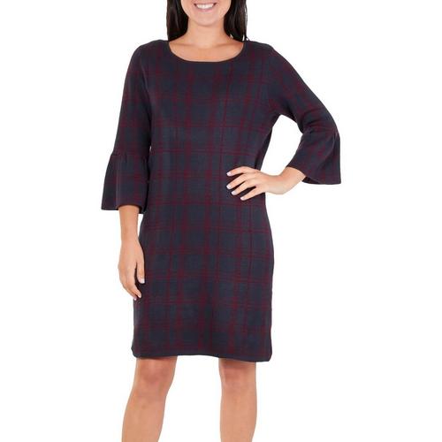NY Collection Womens Plaid Bell Sleeve Dress
