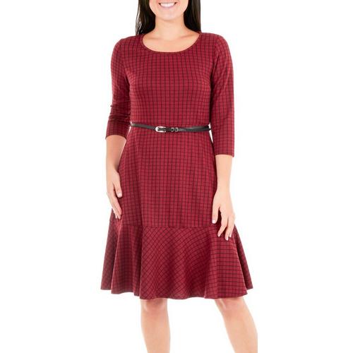 NY Collection Womens Belted Plaid Flare Dress