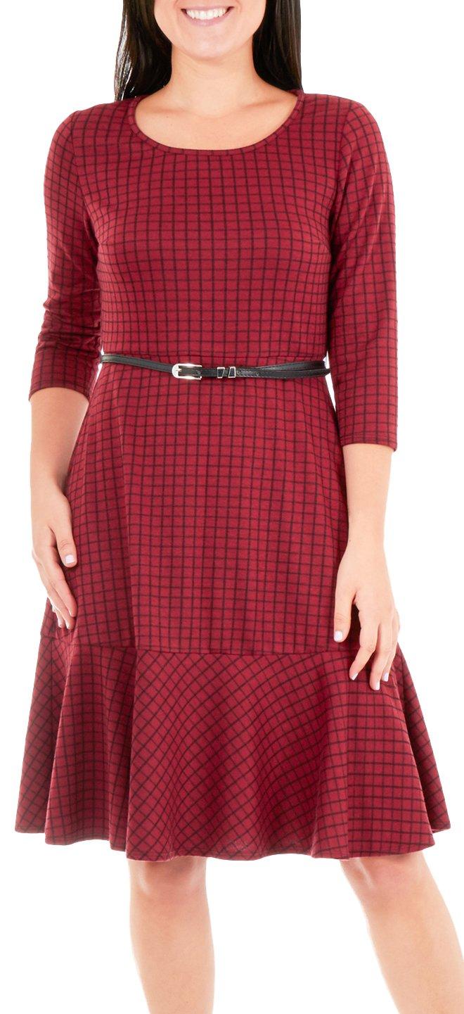 Womens Belted Plaid Flare Dress