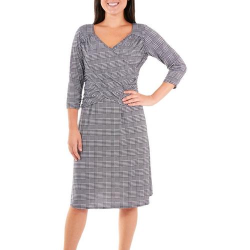 NY Collection Womens Plaid Ruched Flared Dress