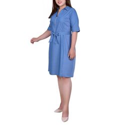 NY Collection Plus Short Sleeve Belted Chambray Dress