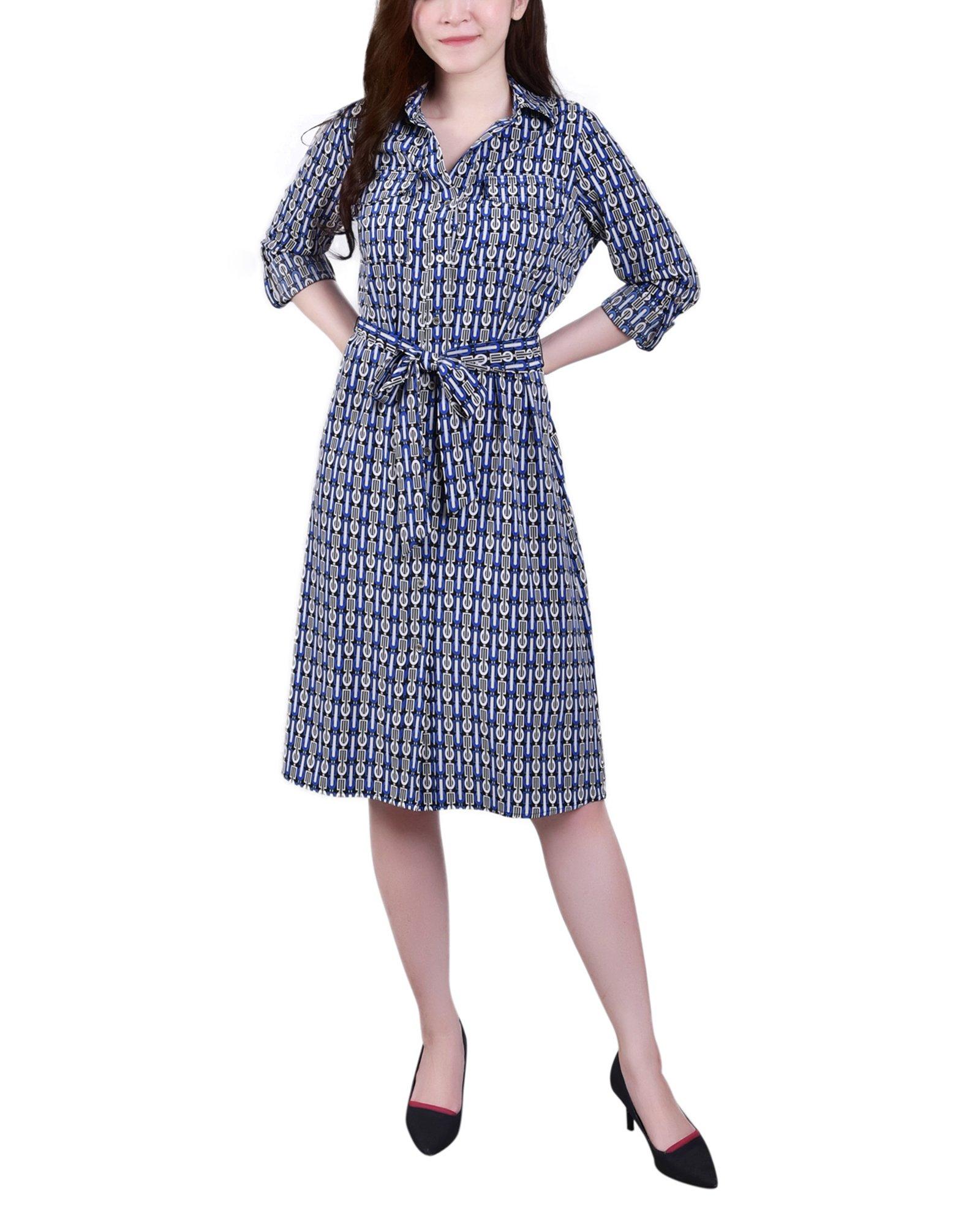 NY Collection Womens Geometric Print Belted Shirt Dress