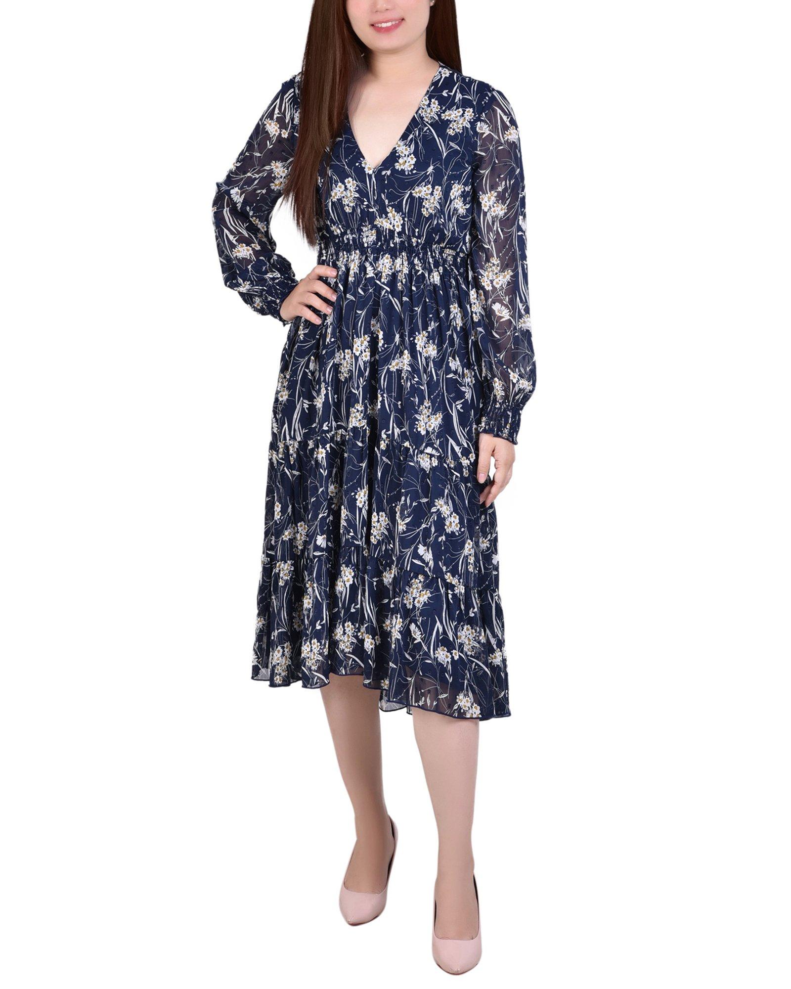 NY Collection Petite Long Sleeve Clip Dot Chiffon Dress